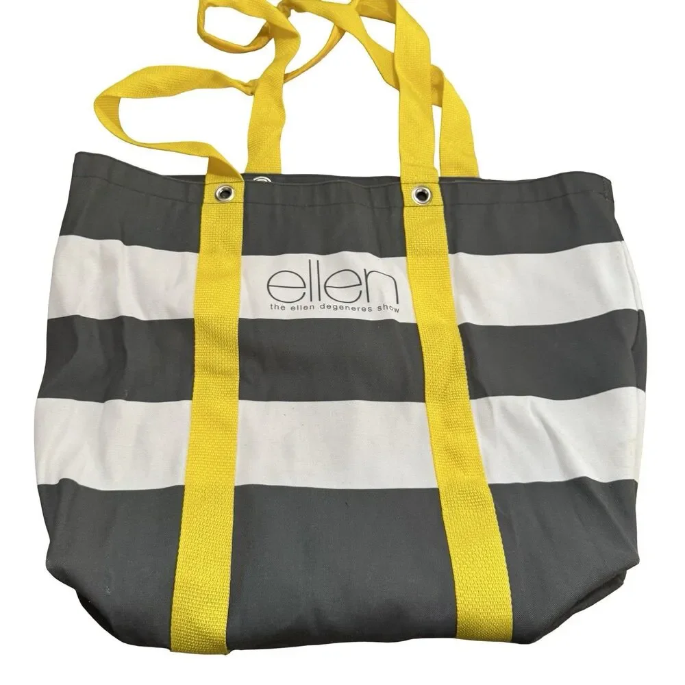 Ellen DeGeneres Tote Bag Canvas Cotton Yellow Gray White Striped